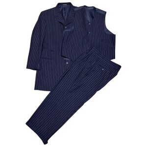 VITTORIO ST ANGELO Pinstripe Luxury Designer 3-Piece Blue Business Suit Mens 44R